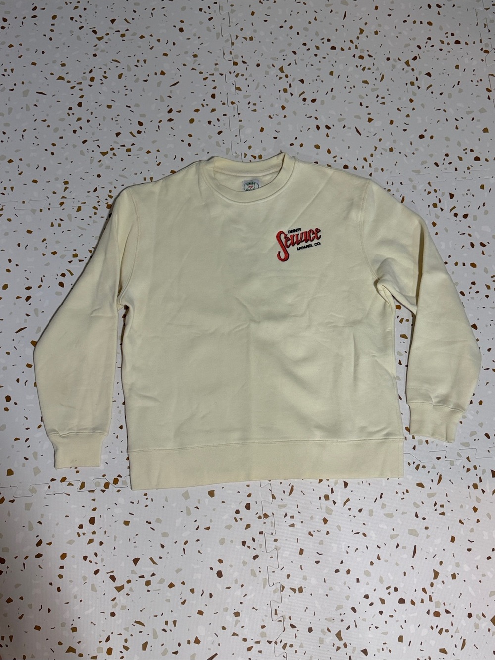 Dinner Service NY 1 of 1 Unisex Cream Crewneck Sweatshirt with Red Script Logo
